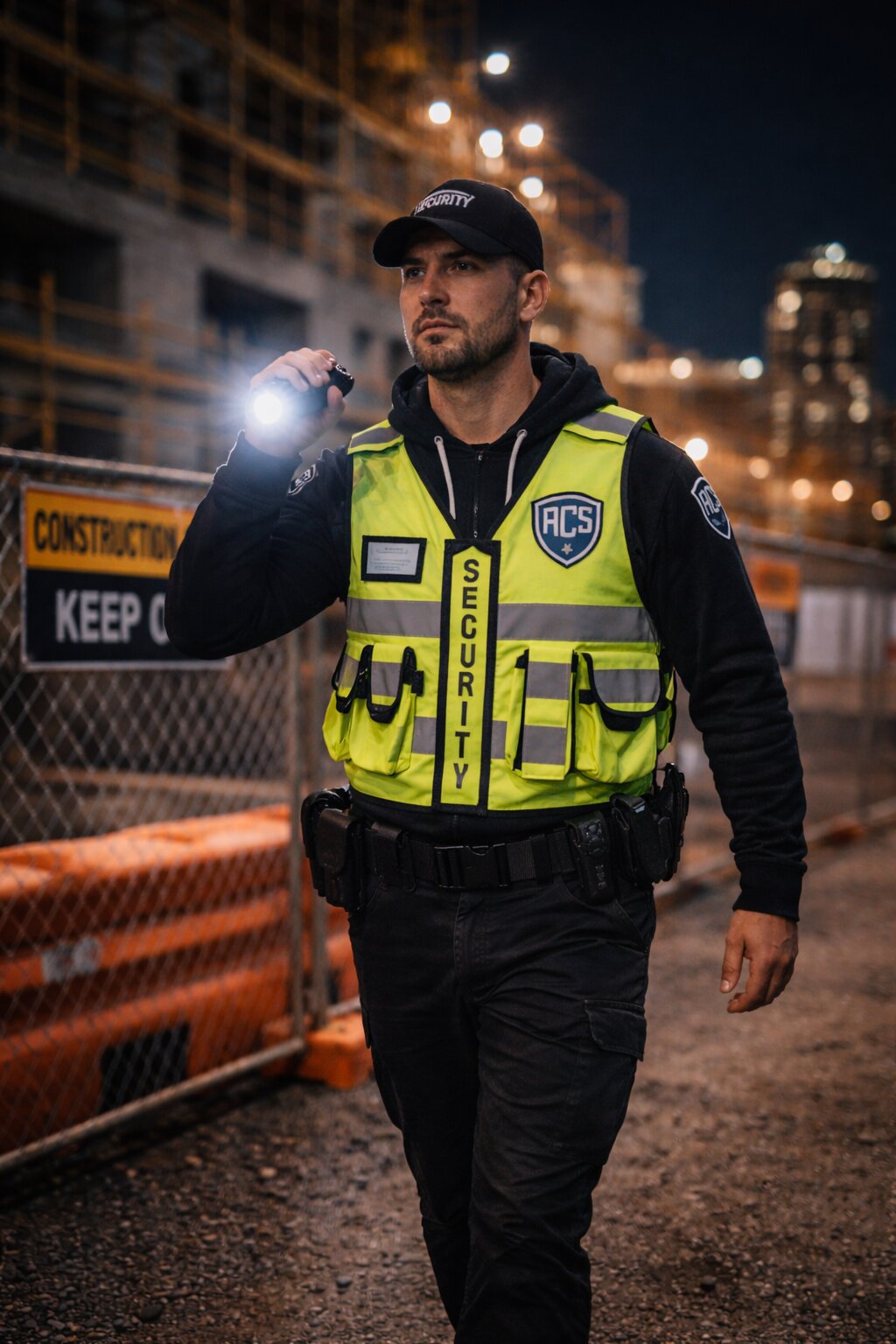 Allied CS security officer on construction site patrol